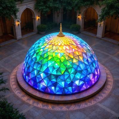 The primary subject of the image is a large, colorful, and illuminated dome. The dome is located in a spacious room, possibly a lobby or a museum, and it is surrounded by a variety of potted plants. The setting is a combination of a modern and natural environment, with the dome being the focal point of the scene. The visual style of the image is a mix of digital art and real-life elements, creating a unique and captivating atmosphere. The colors and mood
